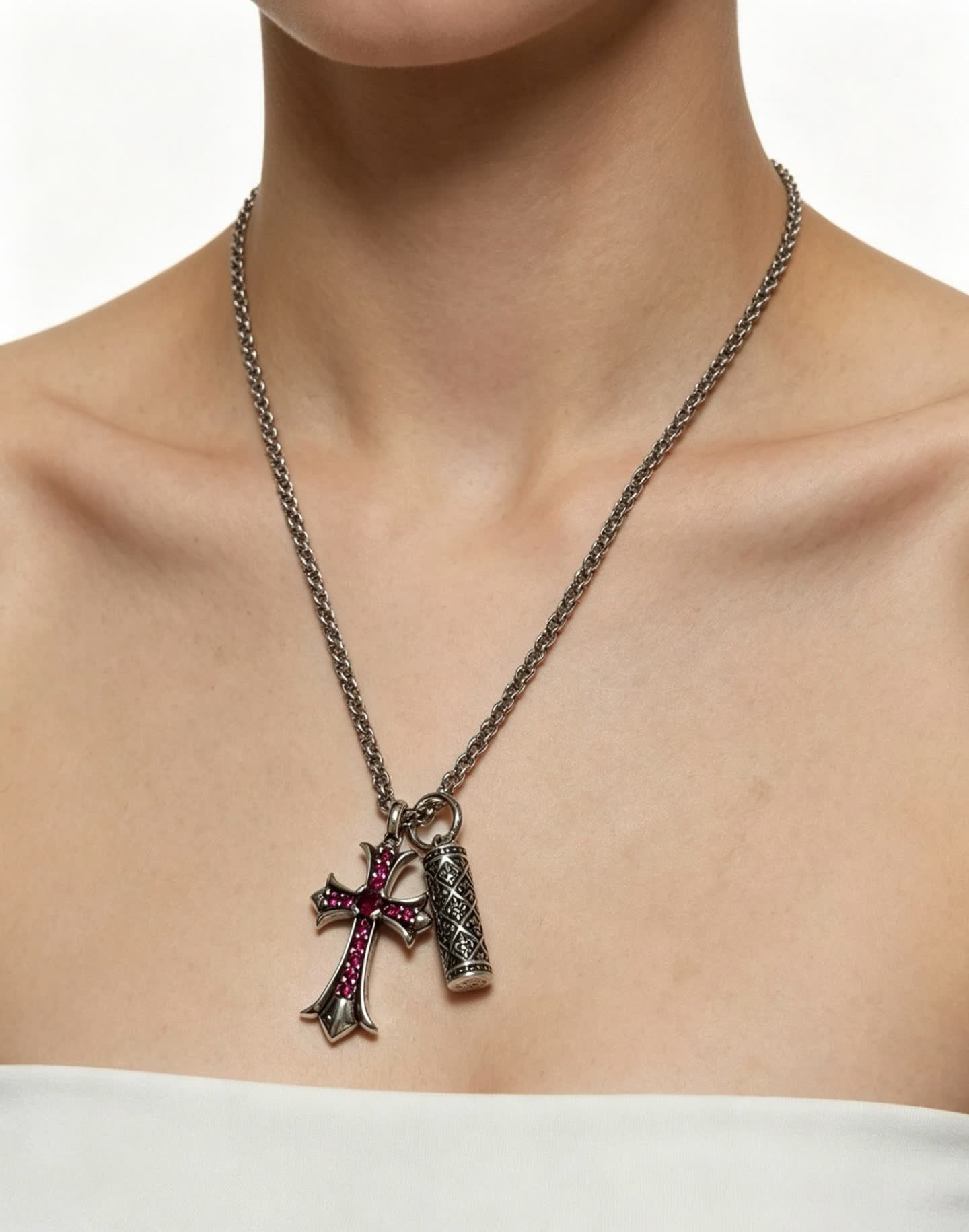 Chrome Hearts Silver Cross Pendant with Ruby Accents and cylindrical charm